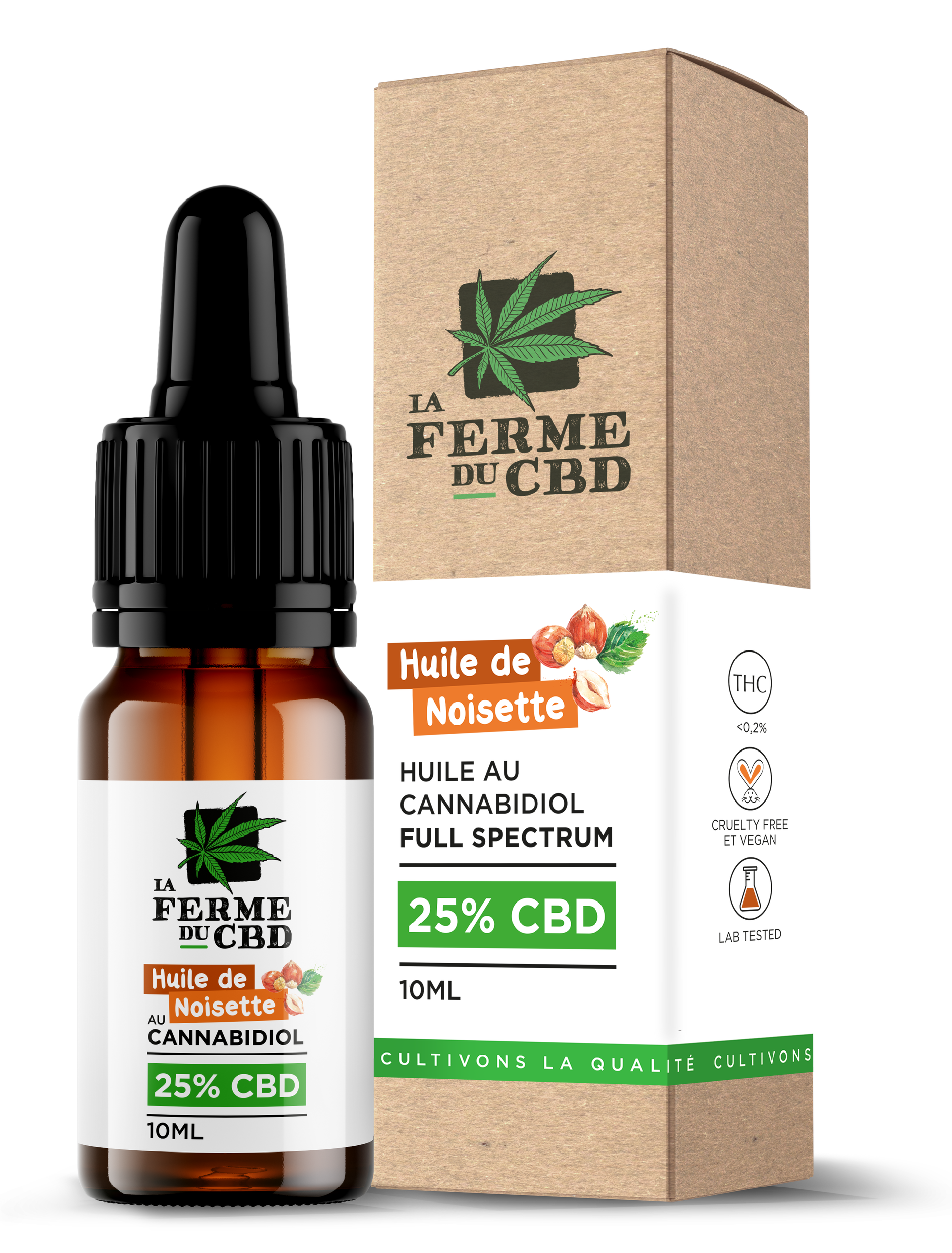 Flacon de 10ml d'huile CBD 25% saveur noisette et son emballage