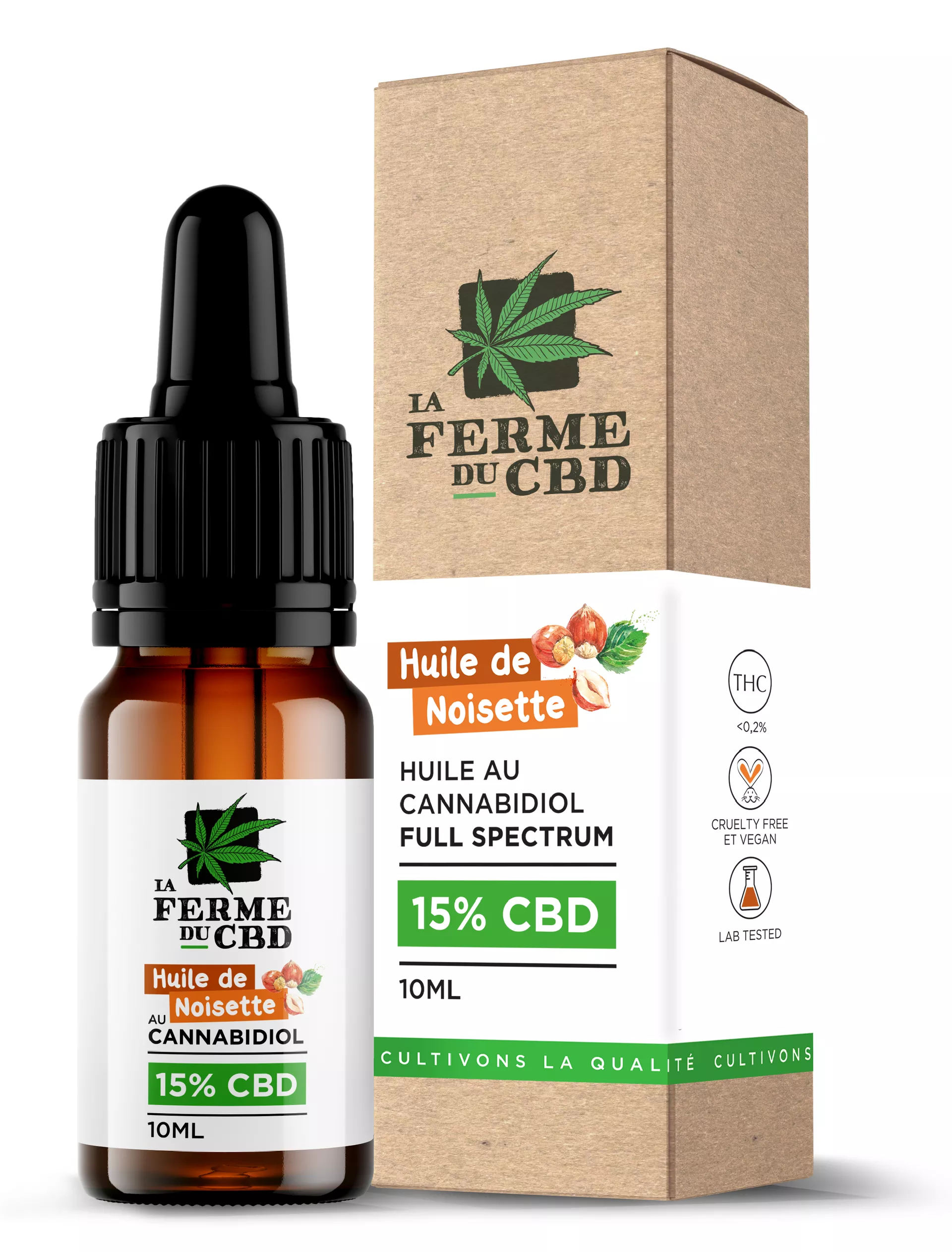 Flacon d'huile de CBD 15% "La Ferme du CBD" saveur noisette et son emballage