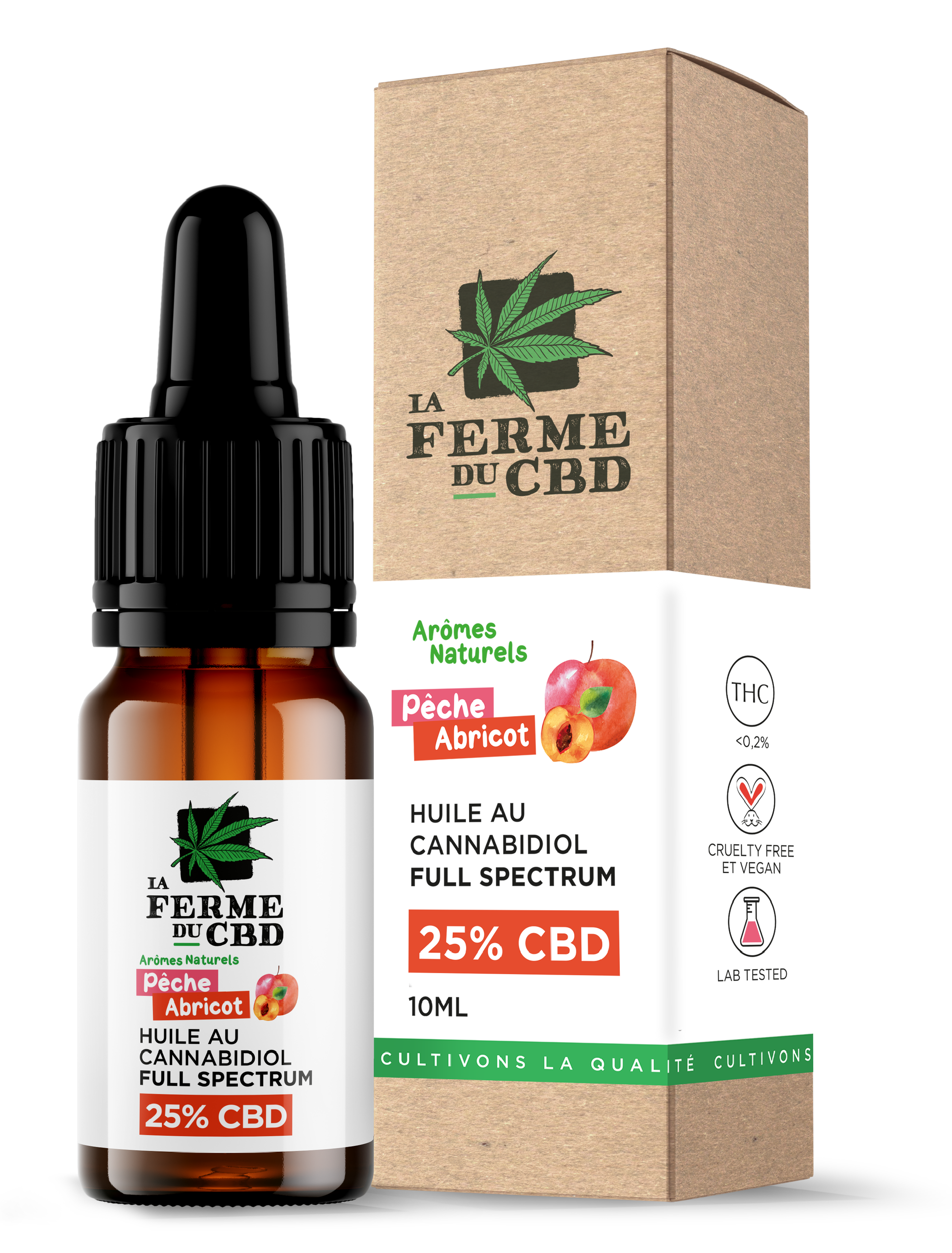 Flacon de 10ml d'huile CBD 25% arôme pêche-abricot "La Ferme du CBD" avec pipette et emballage