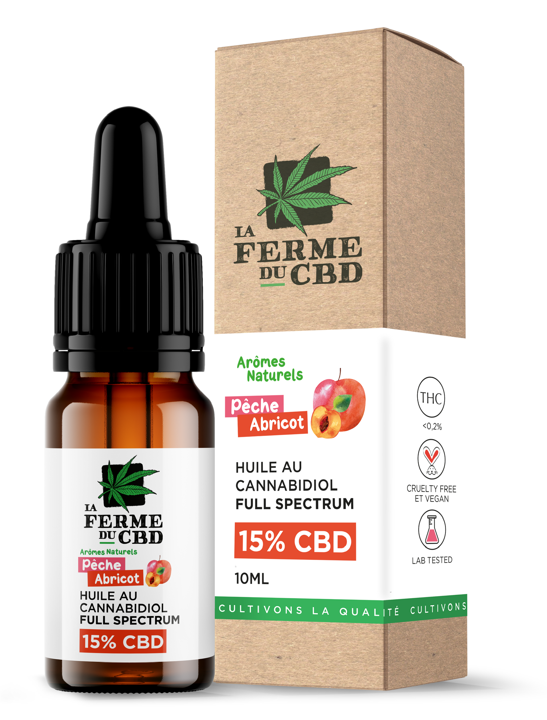 Flacon d'huile CBD 15% arôme pêche-abricot de "La Ferme du CBD" avec pipette et emballage