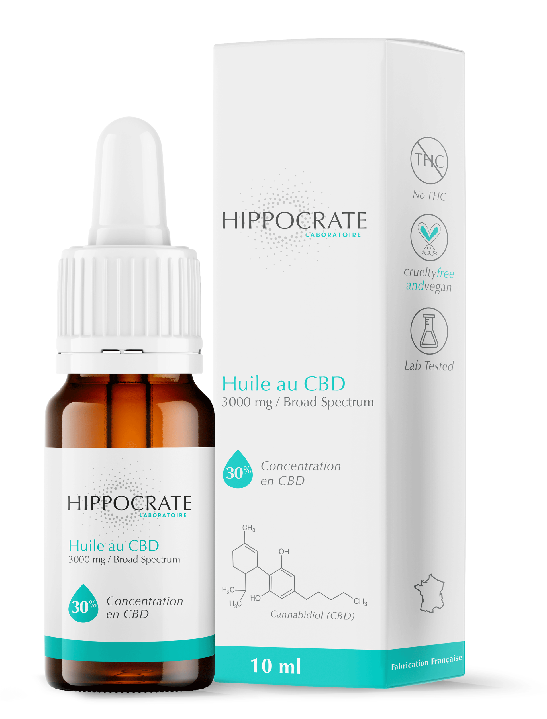 Flacon de 10ml d'huile de coco avec CBD 30% sans THC, avec son emballage