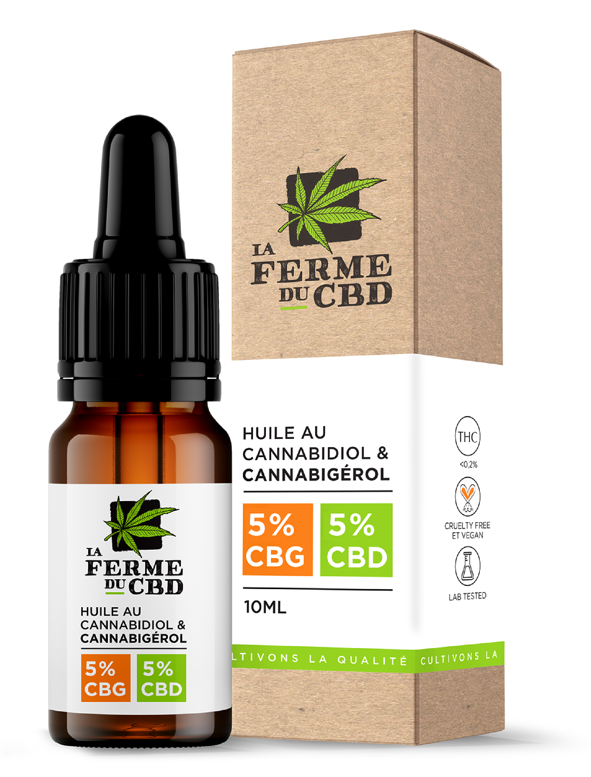 Flacon de 10ml d'huile de chanvre bio CBG 5% et CBD 5% de la Ferme du CBD, avec son emballage