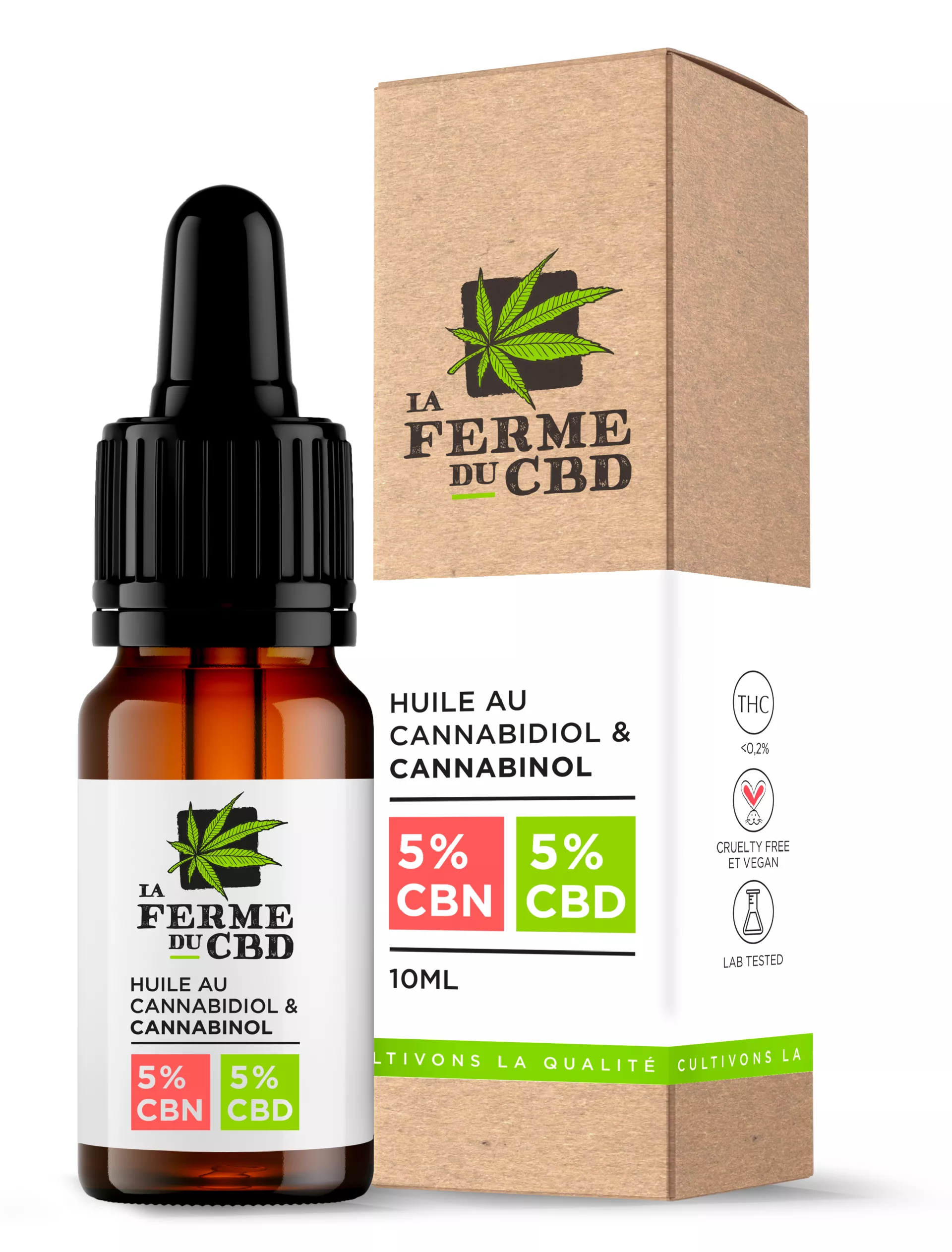 Flacon de 10ml d'huile bio CBN 5% et CBD 5% de La Ferme du CBD, avec son emballage