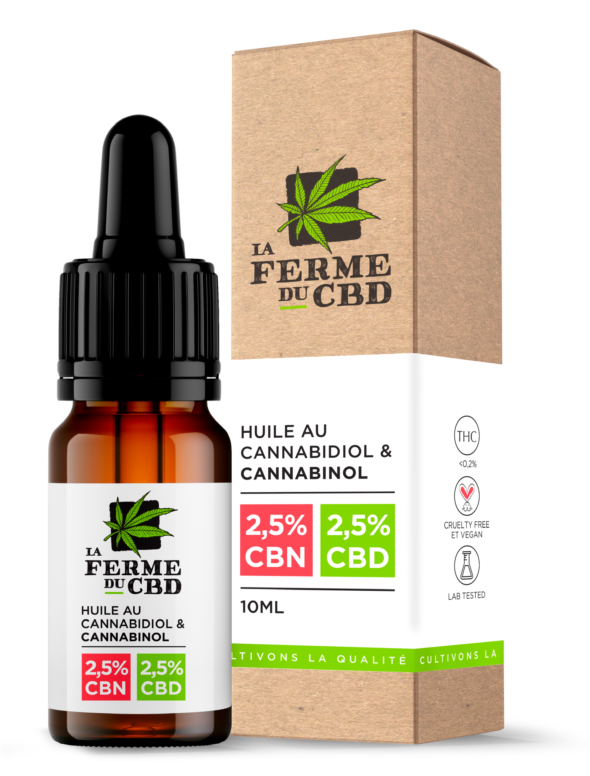 Flacon de 10ml d'huile de chanvre bio La Ferme du CBD avec CBN 2,5% et CBD 2,5%