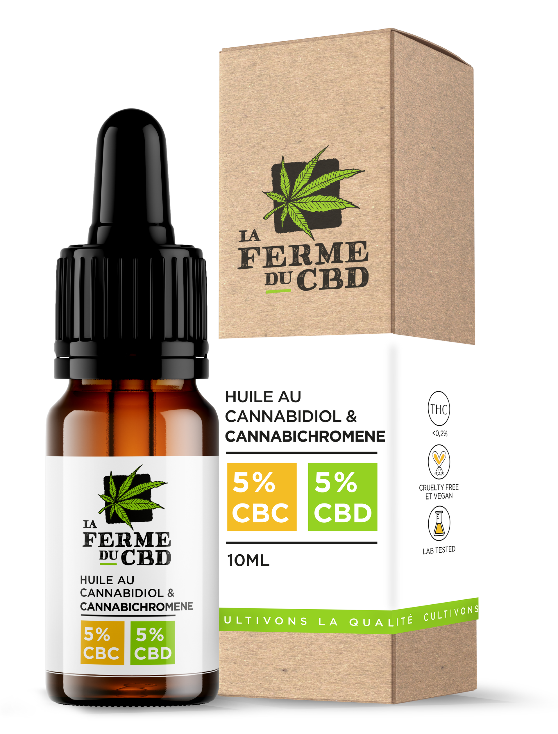 Flacon de 10 ml d'huile bio CBC 5% et CBD 5% "La Ferme du CBD" avec sa pipette et son emballage