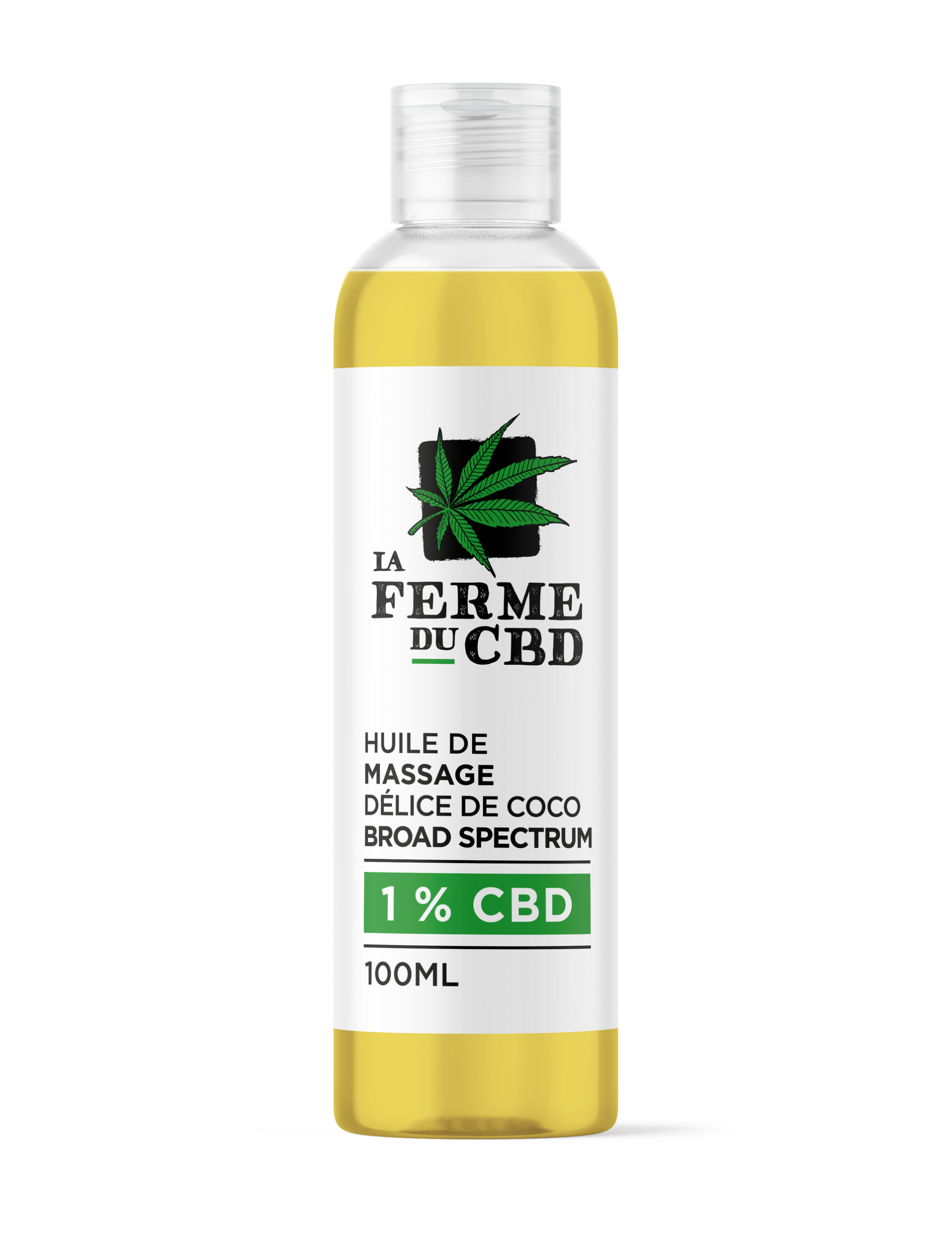 Flacon de 100ml d'huile de massage au CBD parfumé à la noix de coco, de la marque La Ferme du CBD