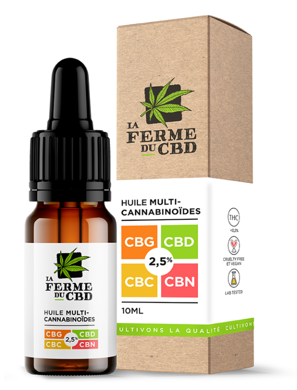 Flacon de 10ml d'huile multi-cannabinoïdes bio avec CBD 2,5%, CBG 2,5%, CBN 2,5% et CBC 2,5%.