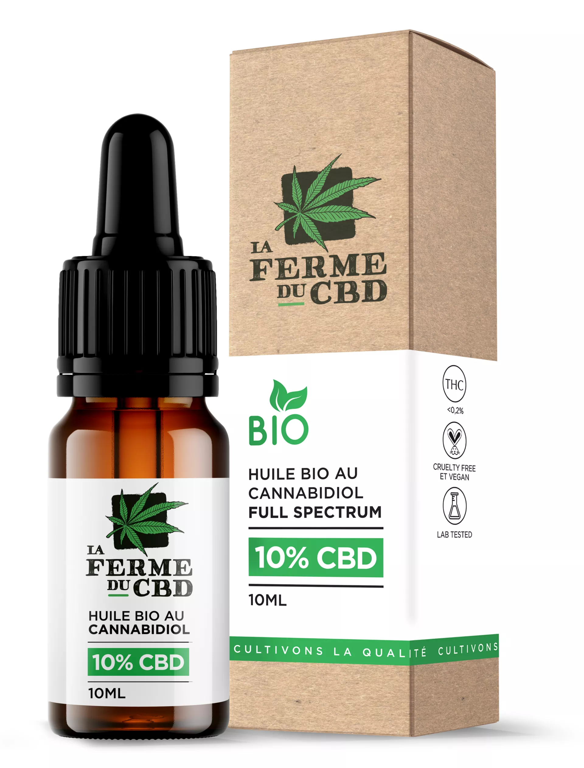 Flacon d'huile de CBD bio 10% de la Ferme du CBD, avec son emballage (10 ml)