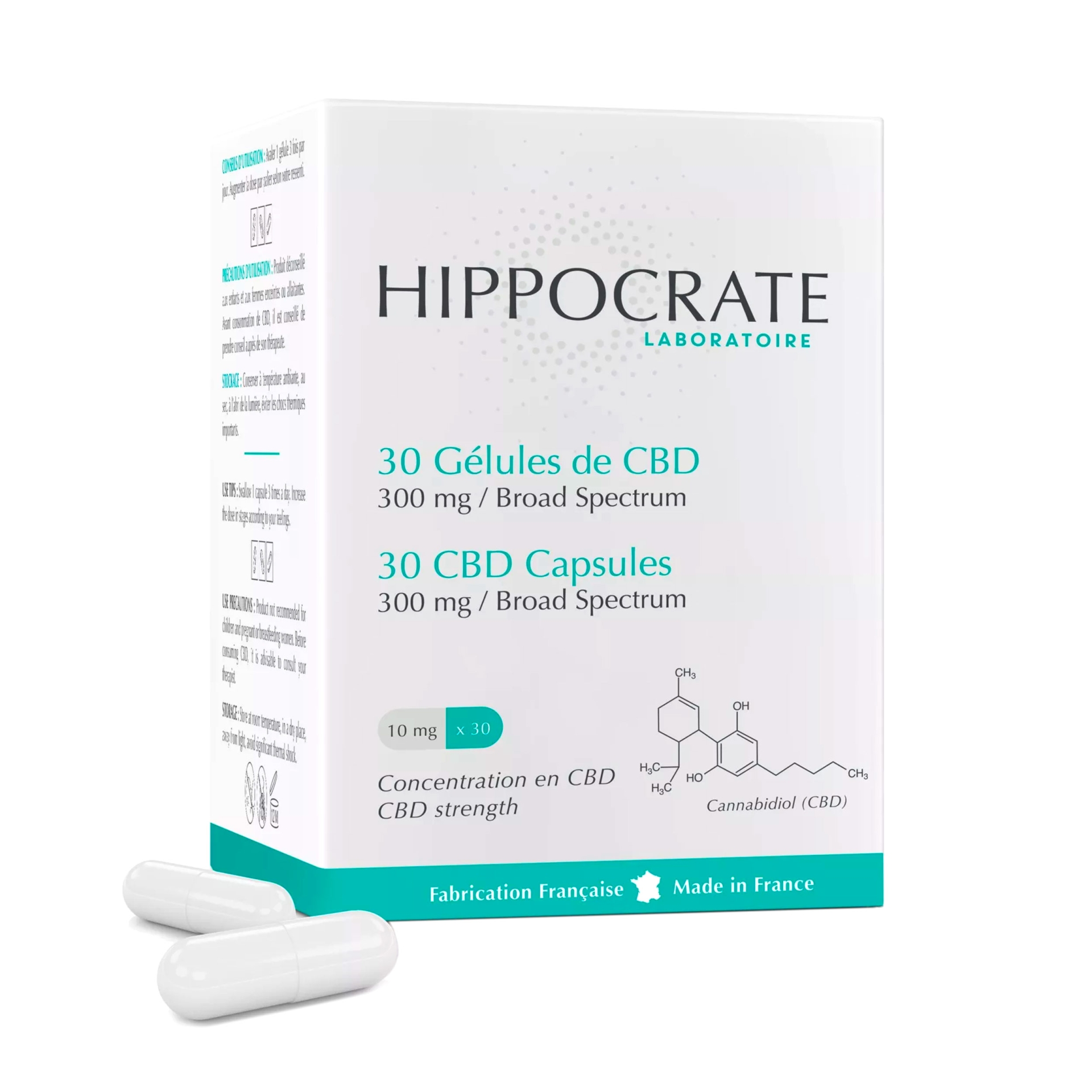 Paquet de 30 capsules au CBD HIPPOCRATE, la marque du laboratoire de la Ferme du CBD