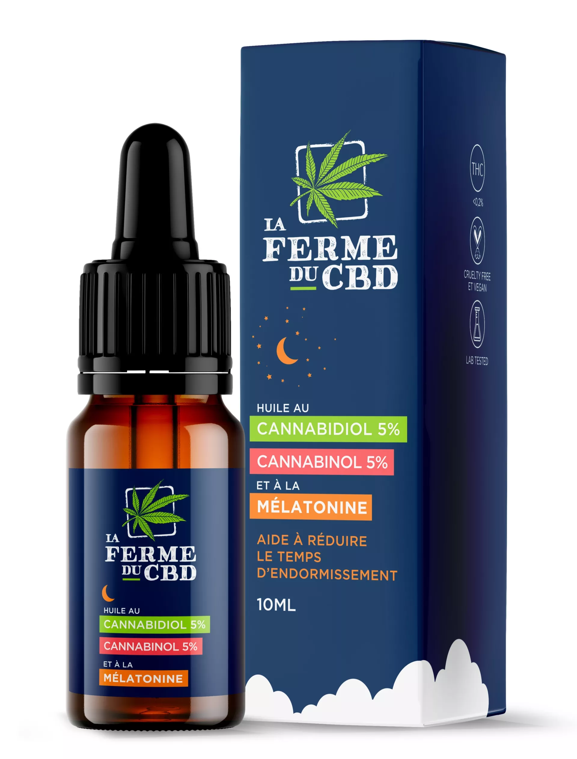 Flacon de 10ml d'huile DODO avec CBD, CBN et mélatonine de La Ferme du CBD, avec son emballage