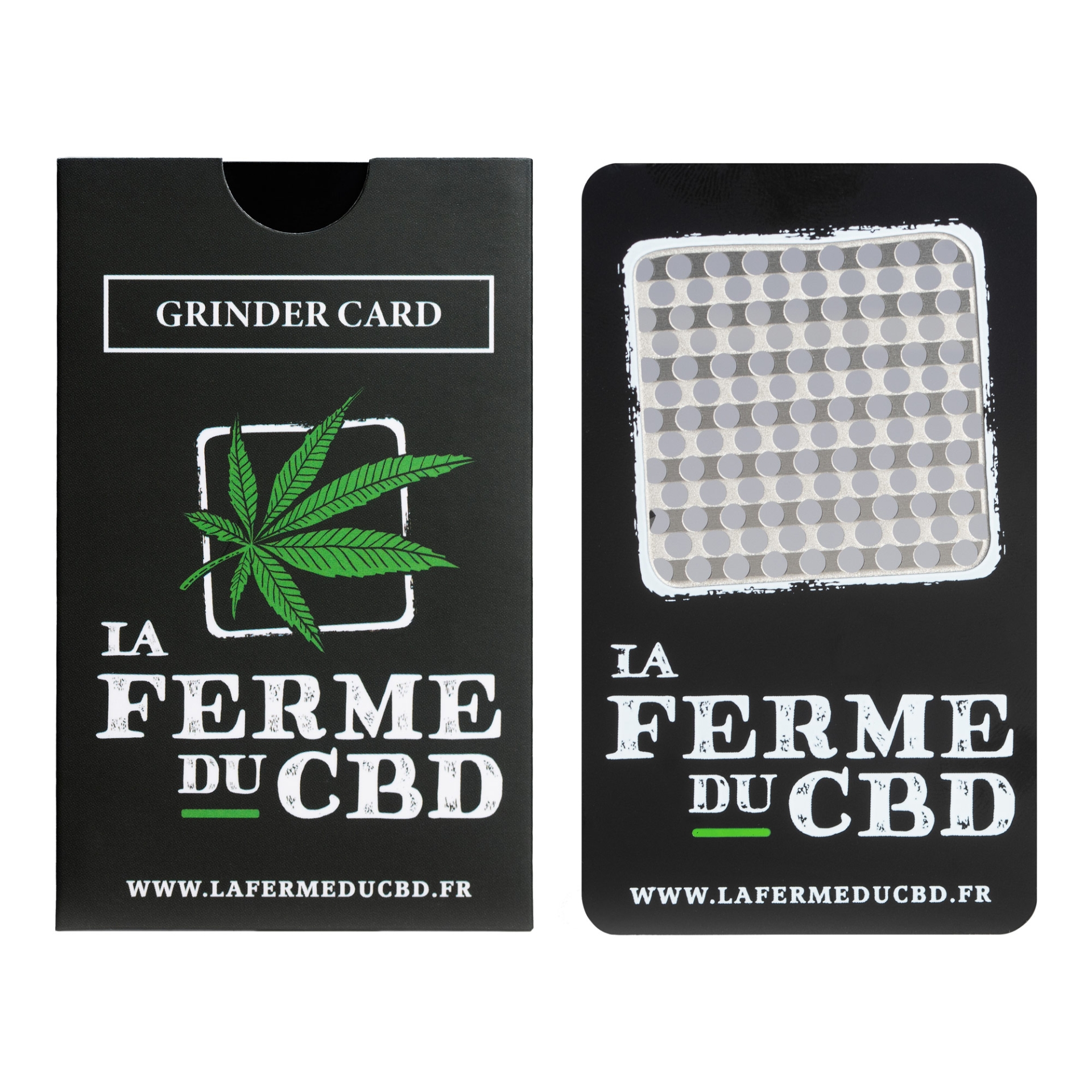 Grinder Card Ferme du CBD dans sa fourre de protection et de rangement