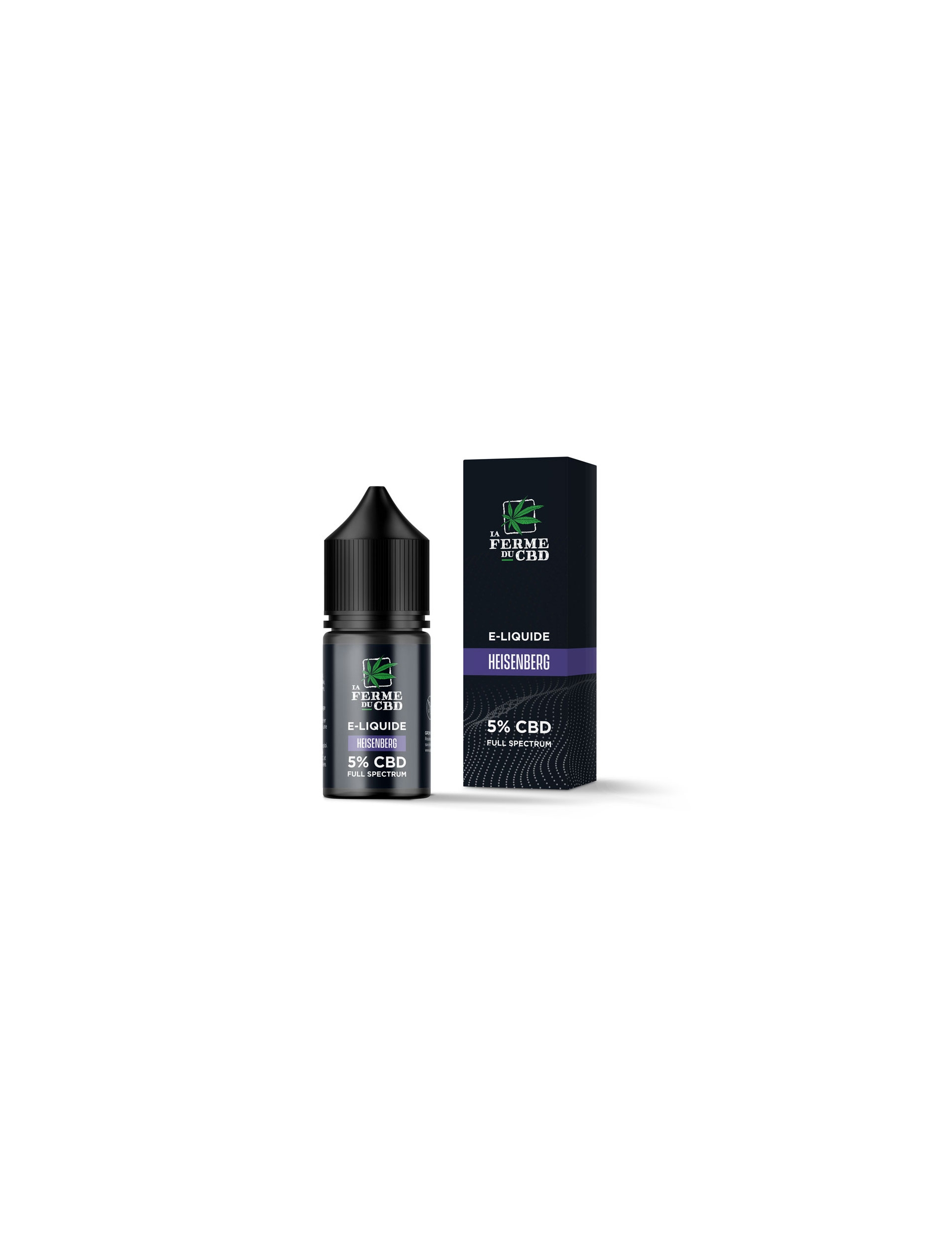 Flacon de 10ml d'e-liquide Full Spectrum au goût Heisenberg avec 5% de CBD et son emballage