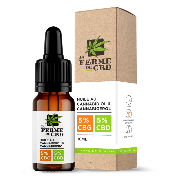 Flacon de 10ml d'huile de chanvre bio CBG 5% et CBD 5% de la Ferme du CBD, avec son emballage