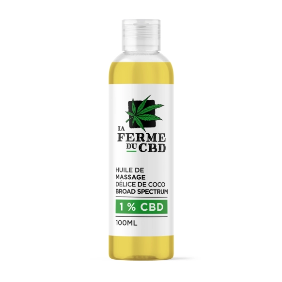 Flacon de 100ml d'huile de massage au CBD parfumé à la noix de coco, de la marque La Ferme du CBD