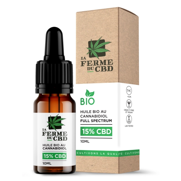 Flacon d'huile de CBD bio 15% de la Ferme du CBD avec pipette et son emballage