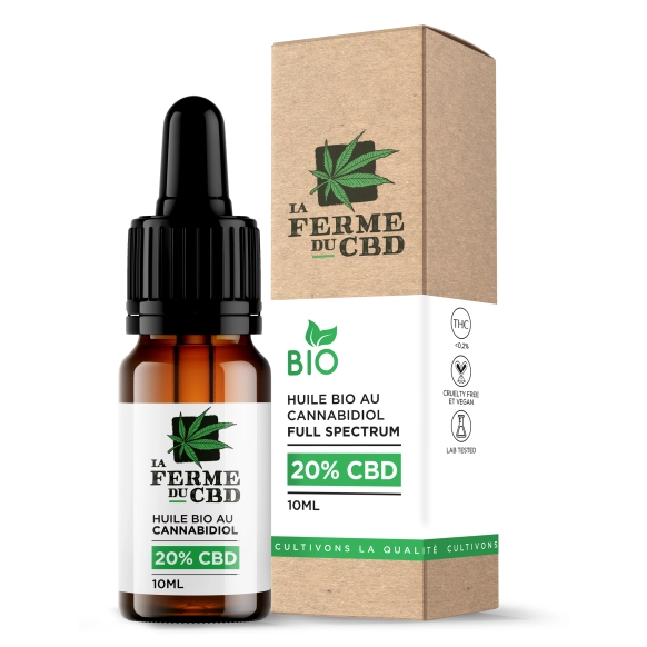 Flacon d'huile de chanvre bio (10ml) de La Ferme du CBD avec concentration de 20% de CBD