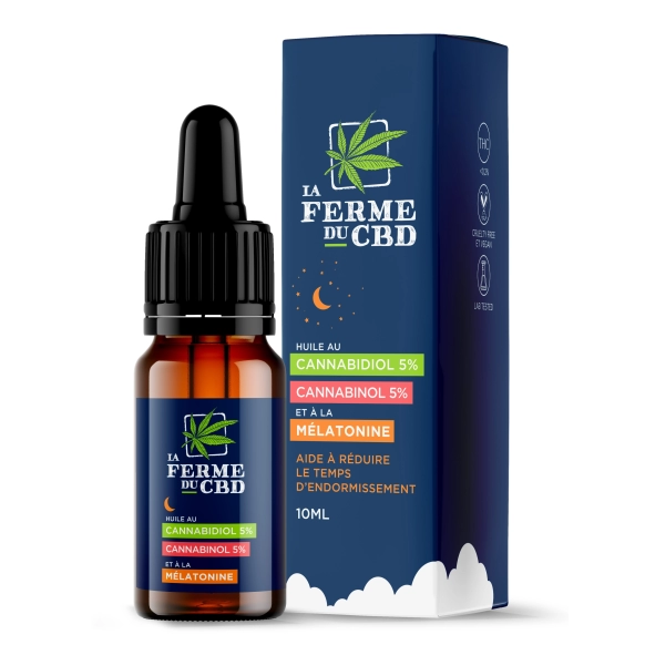 Flacon de 10ml d'huile DODO avec CBD, CBN et mélatonine de La Ferme du CBD, avec son emballage