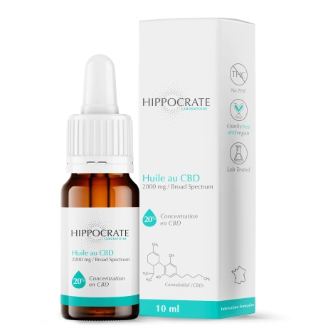 Flacon de 10ml d'huile CBD 20% sans THC, avec son emballage