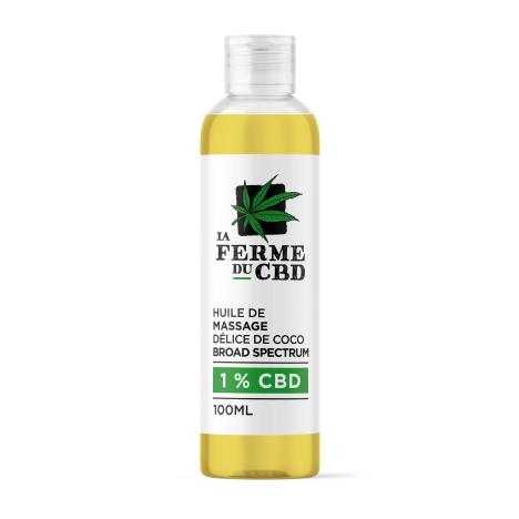 Flacon de 100ml d'huile de massage au CBD parfumé à la noix de coco, de la marque La Ferme du CBD