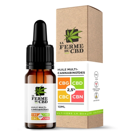 Flacon de 10ml d'huile multi-cannabinoïdes bio avec CBD 2,5%, CBG 2,5%, CBN 2,5% et CBC 2,5%.